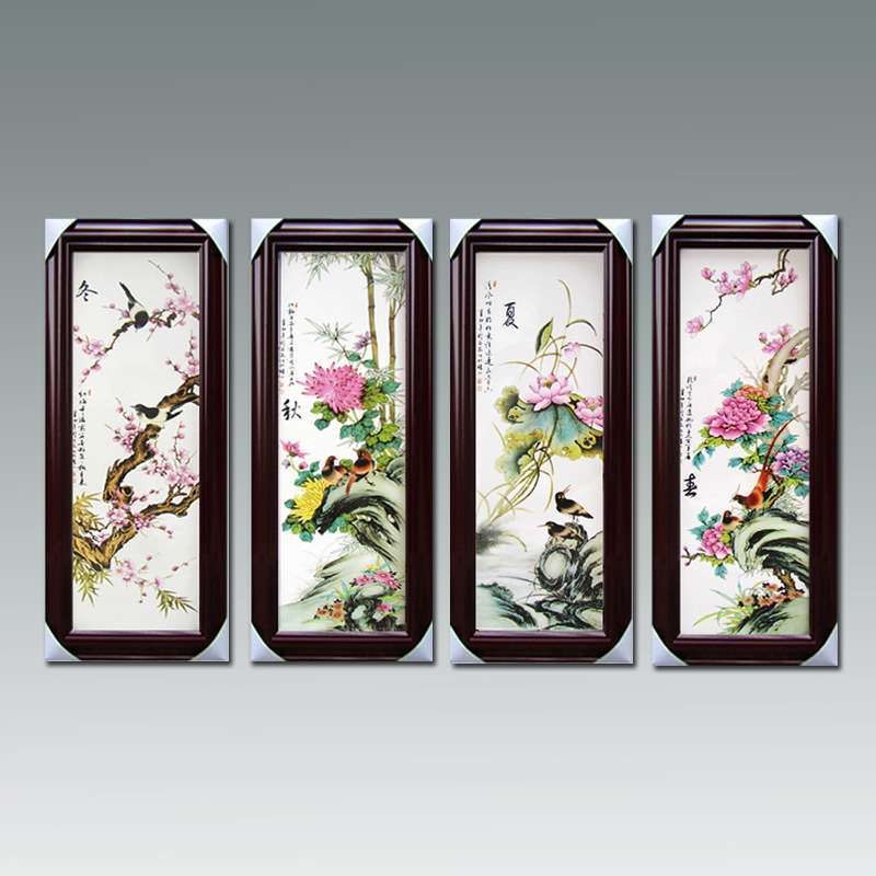 景德镇粉彩瓷陶瓷工艺品四件套瓷板画 春夏秋冬酒店茶楼墙壁挂饰
