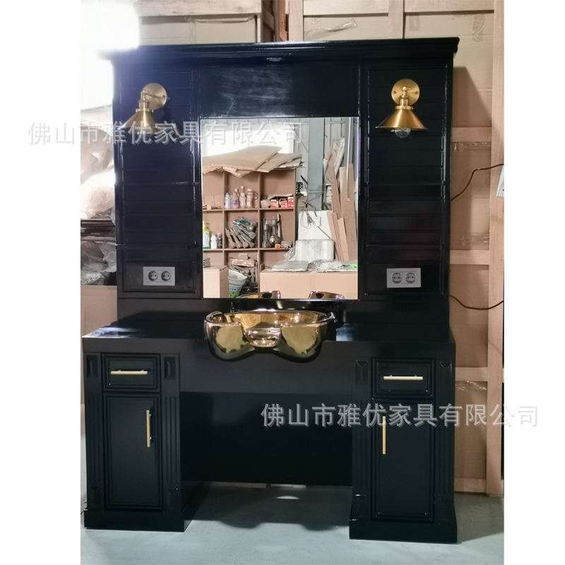 厂家外贸欧美理发店镜子发廊专用复古实木美发镜台柜一体带洗头盆
