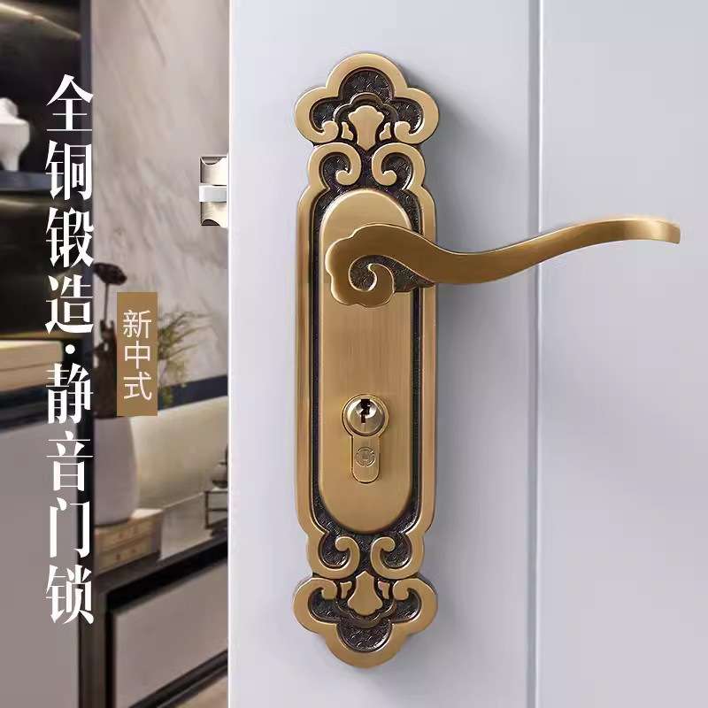老铜匠全铜门锁家用卧室卫生间室内静音金色美式复古别墅大门门锁