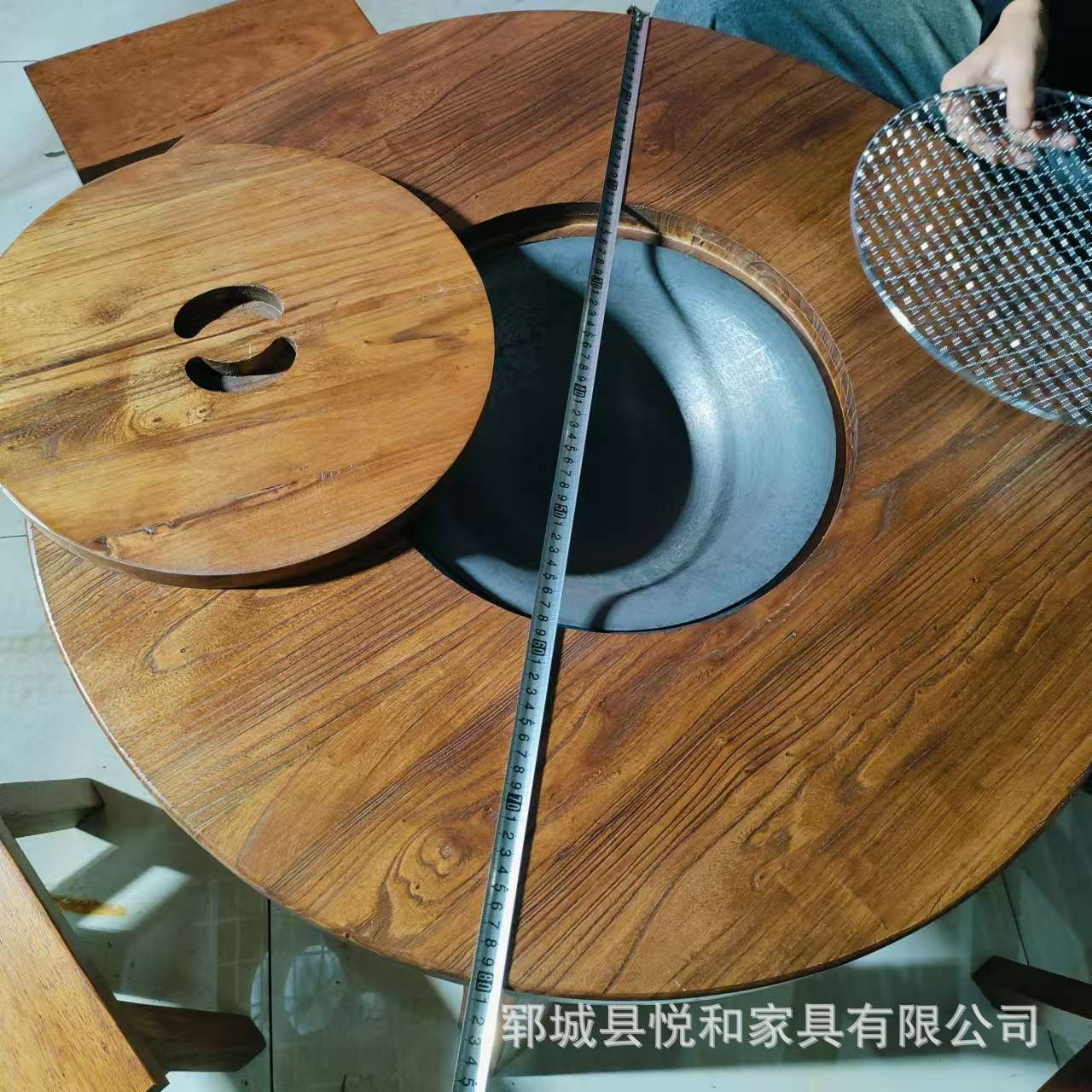 现货老榆木围炉煮茶桌圆形户外烧烤桌餐厅民宿户外餐桌带配件一套