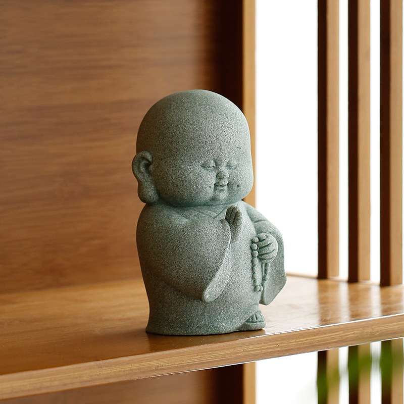 青砂石精品小和尚鱼缸造景沉水装饰品中式家居书房禅意小沙弥摆件