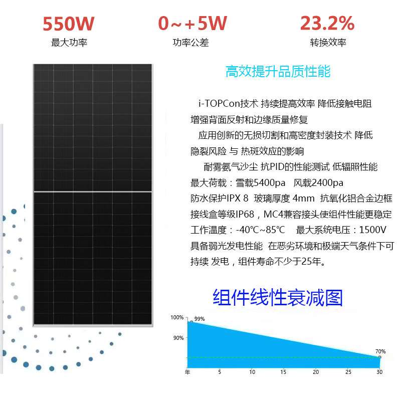 太阳能电池板光伏组件550w太阳能发电板N型单晶硅出口Solar panle