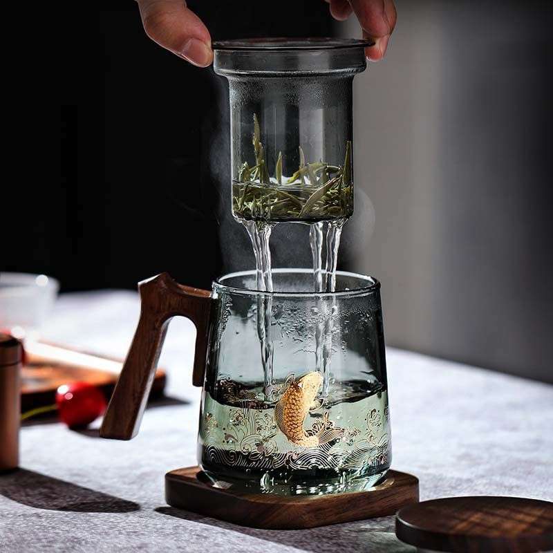 高硼硅玻璃茶杯个人专用茶水分离男士款绿茶高端木柄带把手带盖
