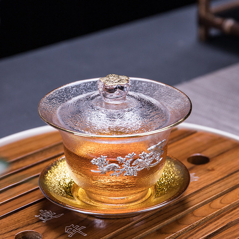 耐纯锡加厚描金梅花琉璃三才盖碗茶杯子透明玻璃加厚加热沏茶盖碗