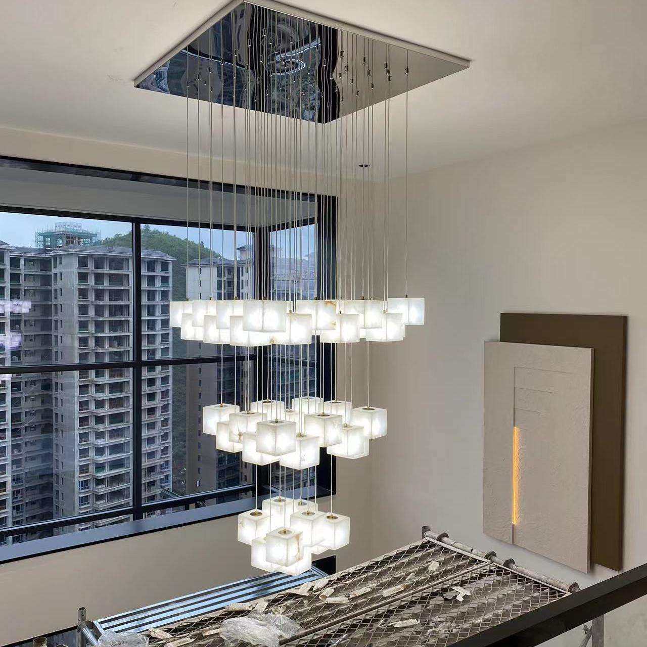 云石全铜客厅吊灯大气简约现代新中式别墅loft旋转楼梯设计师灯具