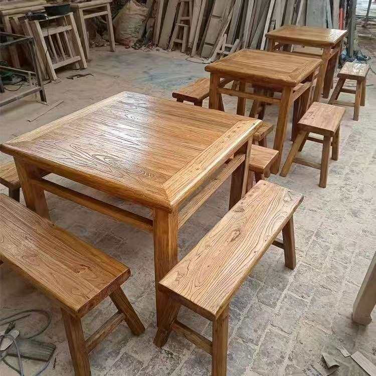 新中式八仙桌老榆木泡茶桌禅意餐桌中式四方桌实木家用方形餐桌
