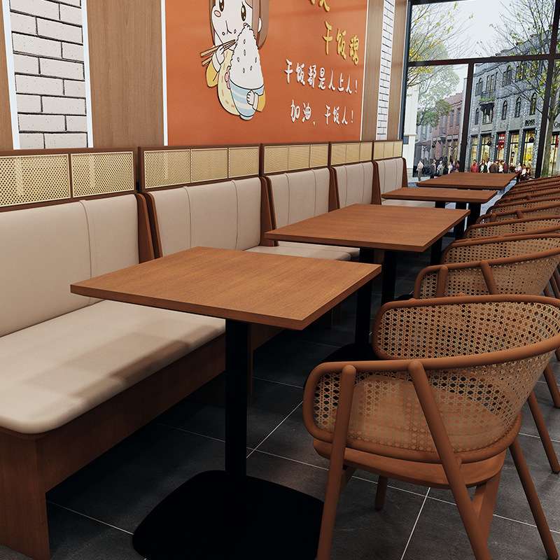 小吃店餐桌咖啡奶茶店茶楼西餐厅实木卡座沙发藤编椅轻奢风圆桌