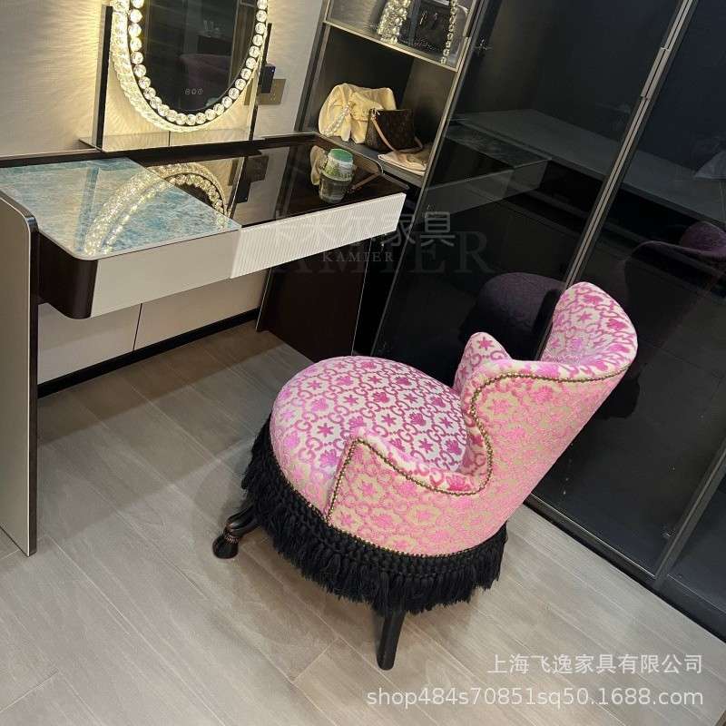 法式提花布艺餐椅设计师复古黑色流苏艺术梳妆椅实木单人沙