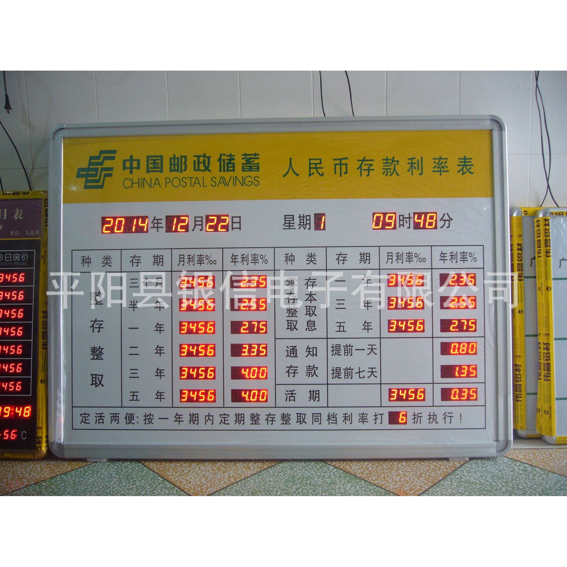 专业生产邮政储蓄LED电子利率牌 汇率屏 利息表 月利率 年利率表