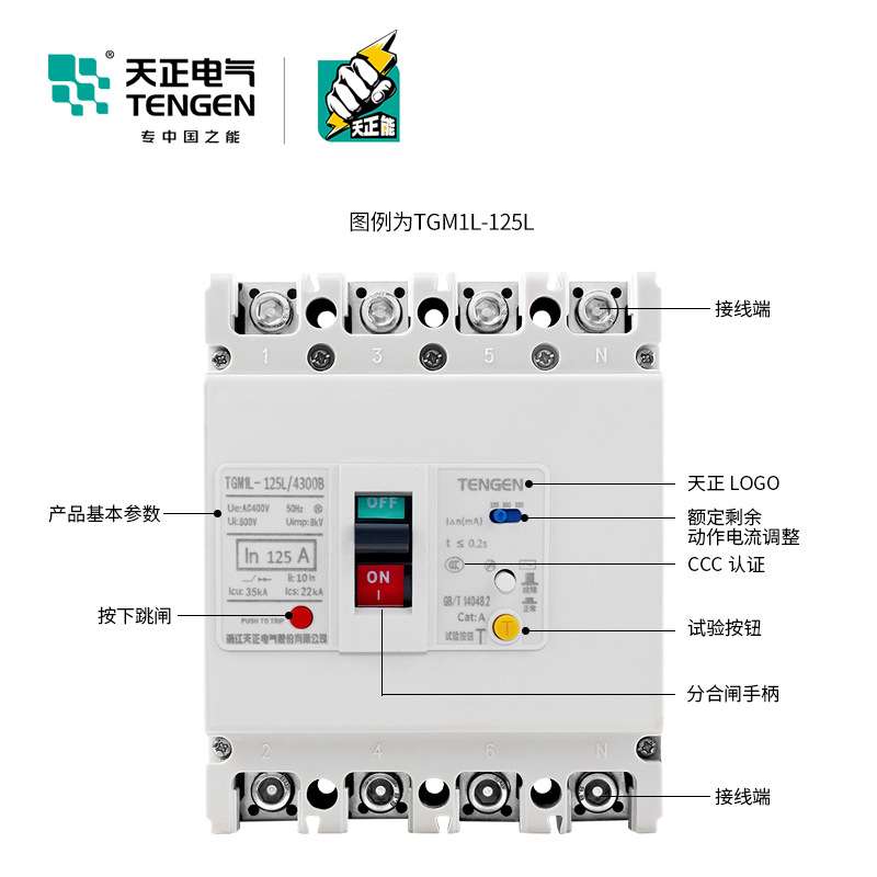 天正TGM1L塑壳漏电保护断路器三相四线4P空气开关63/100/250/400A