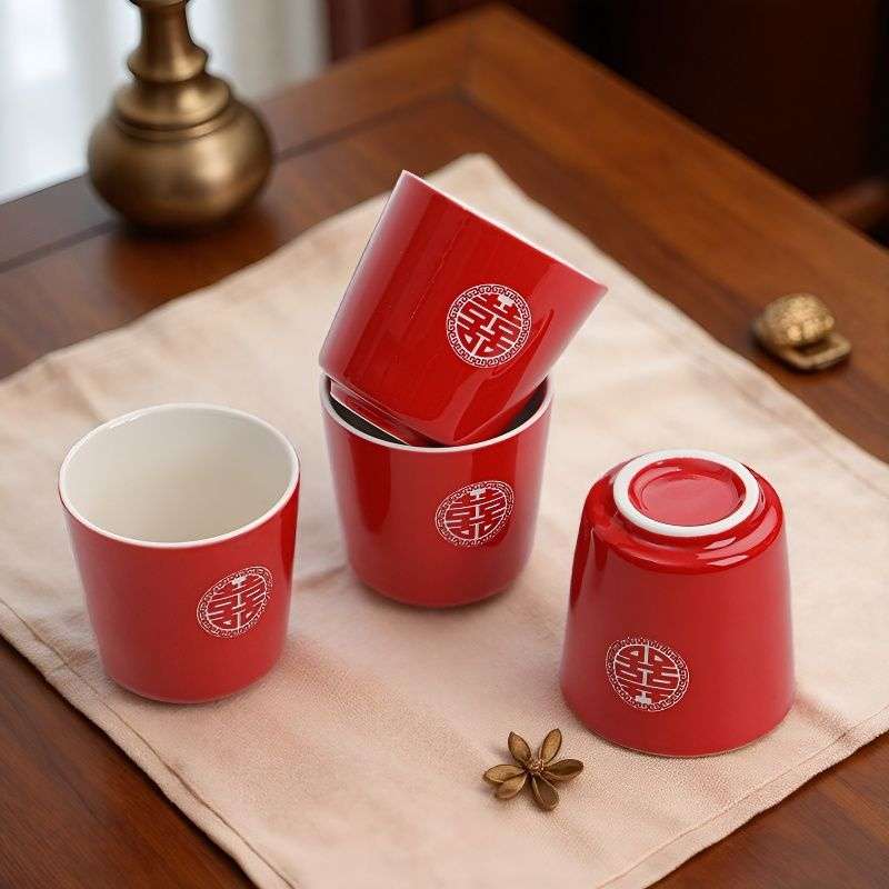 10杯结婚红色喜糖茶具敬酒陪嫁婚礼用品改口茶杯回礼大套装陶瓷