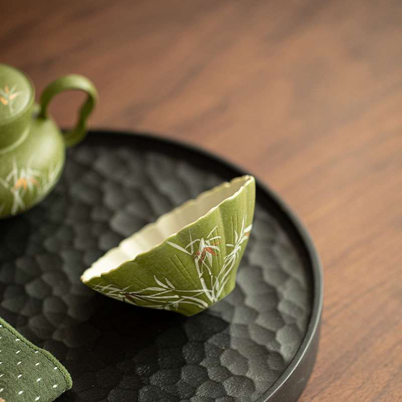 景德镇纯手绘洒金竹影茶杯花口普洱杯敞口杯子陶瓷茶具精致品茗杯