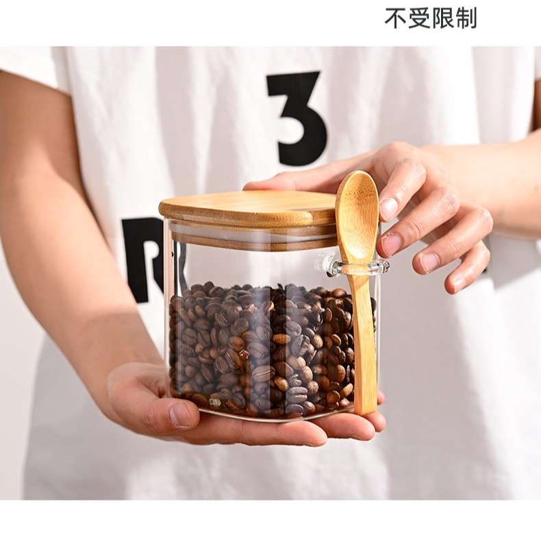 跨境4件套玻璃密封罐套装方形带勺储物罐厨房玻璃调料盒收纳罐