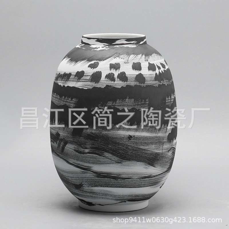 现代黑白陶瓷花瓶摆件中式古典客厅家居饰品台面花器插花艺术摆设