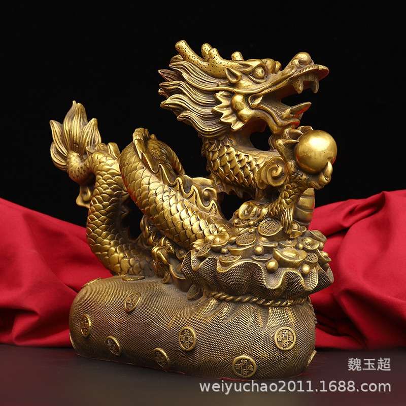 铜龙摆件纯铜黄金袋龙聚宝盆龙金钱龙吸财龙青龙家居办公室工艺品