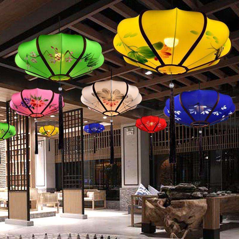 新中式飞碟布艺手绘画灯笼婚礼古典中国风火锅店过道创意雨伞吊灯