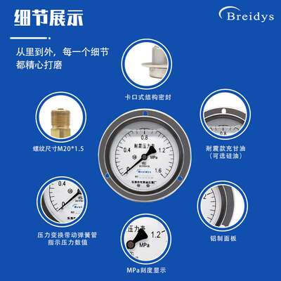 压力表YN100ZT轴向带边耐震压力表0-1.6mpa气压水压液压真空表
