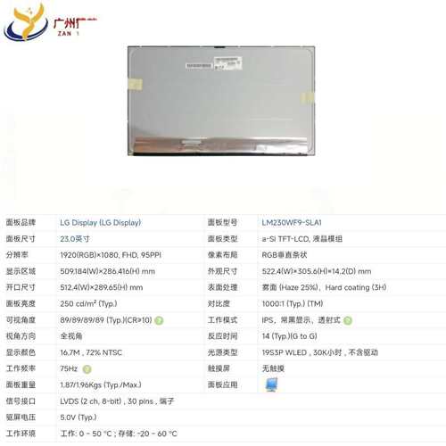 LM230WF9-SLA1液晶显示屏模组lg23寸液晶屏1920*1080 75Hz 全视角