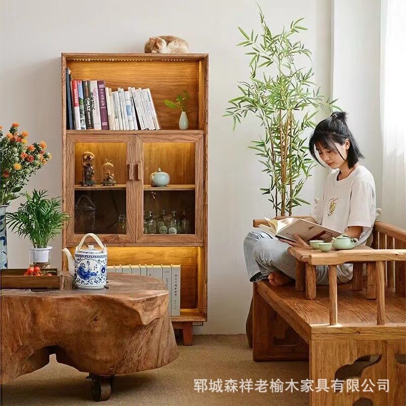 老榆木玻璃柜全实木复古餐边柜原木展示柜书柜酒柜民宿客厅家具