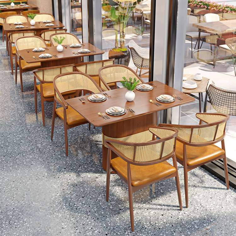 简约火锅店主题餐厅桌椅组合实木藤编咖啡厅茶餐厅卡座沙发