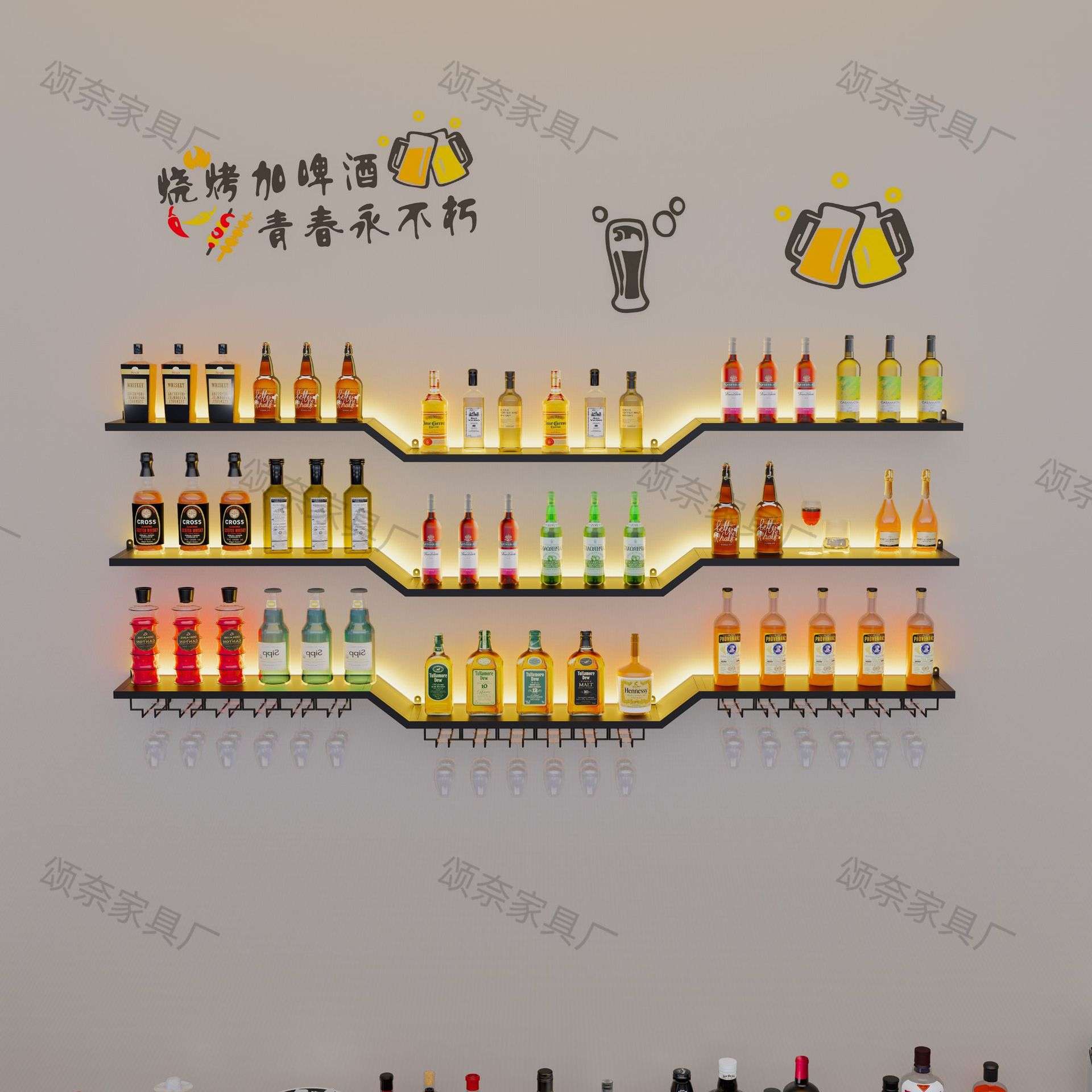 吧台墙上酒吧酒架壁挂式挂墙展示架创意餐厅发光铁艺置物架红酒架