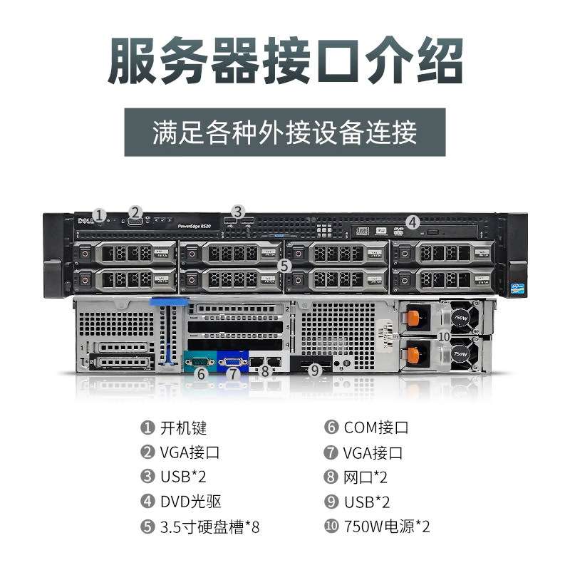 DELL戴尔R520机架式服务器双路2U虚拟多开存储ERP数据库云计算