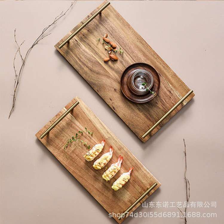 长方形双耳金色把手木质托盘茶盘牛排披萨寿司盘收纳水果摆盘木制