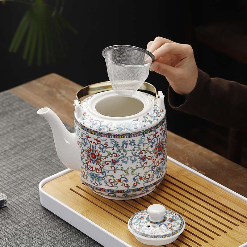 提梁壶茶具套装陶瓷带过滤网大号桥壶茶杯整套1壶6杯饭店餐馆家用