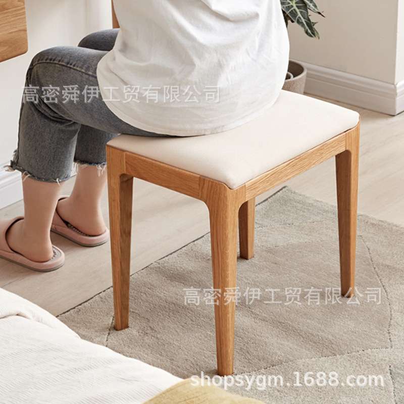 实木化妆凳现代简约橡木方凳北欧创意布艺梳妆台凳子家用