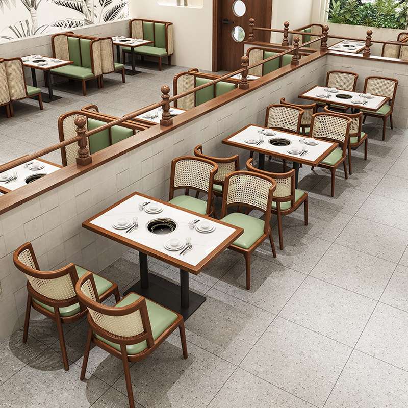连锁餐饮店实木编藤卡座桌椅组合餐厅咖啡厅西餐厅沙发椅编藤北欧