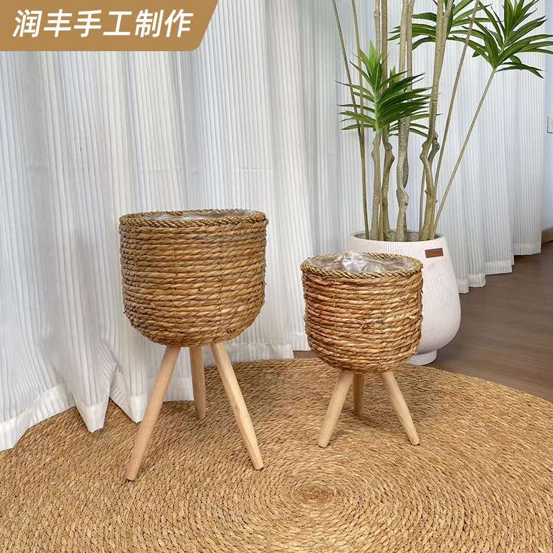 手工花篮 藤编草编实木花架客厅绿植架藤编花篮编织阳台落地花盆
