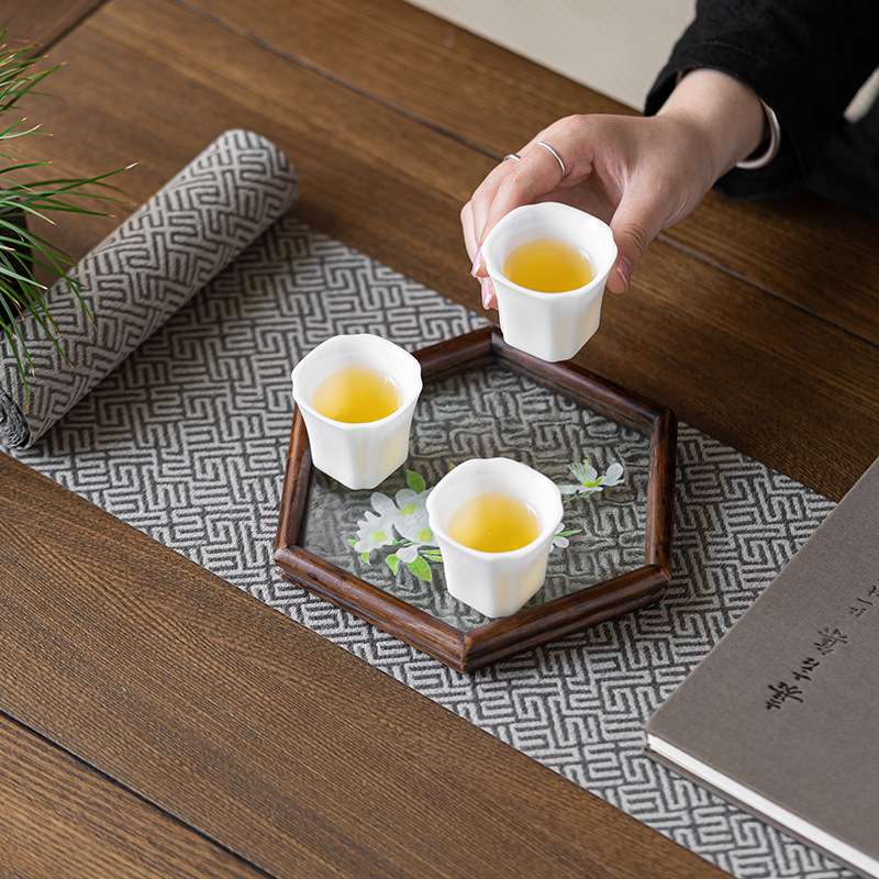 水纹玻璃六边形壶承家用胡桃木玻璃茶盘日式小茶台茶杯杯垫干泡台