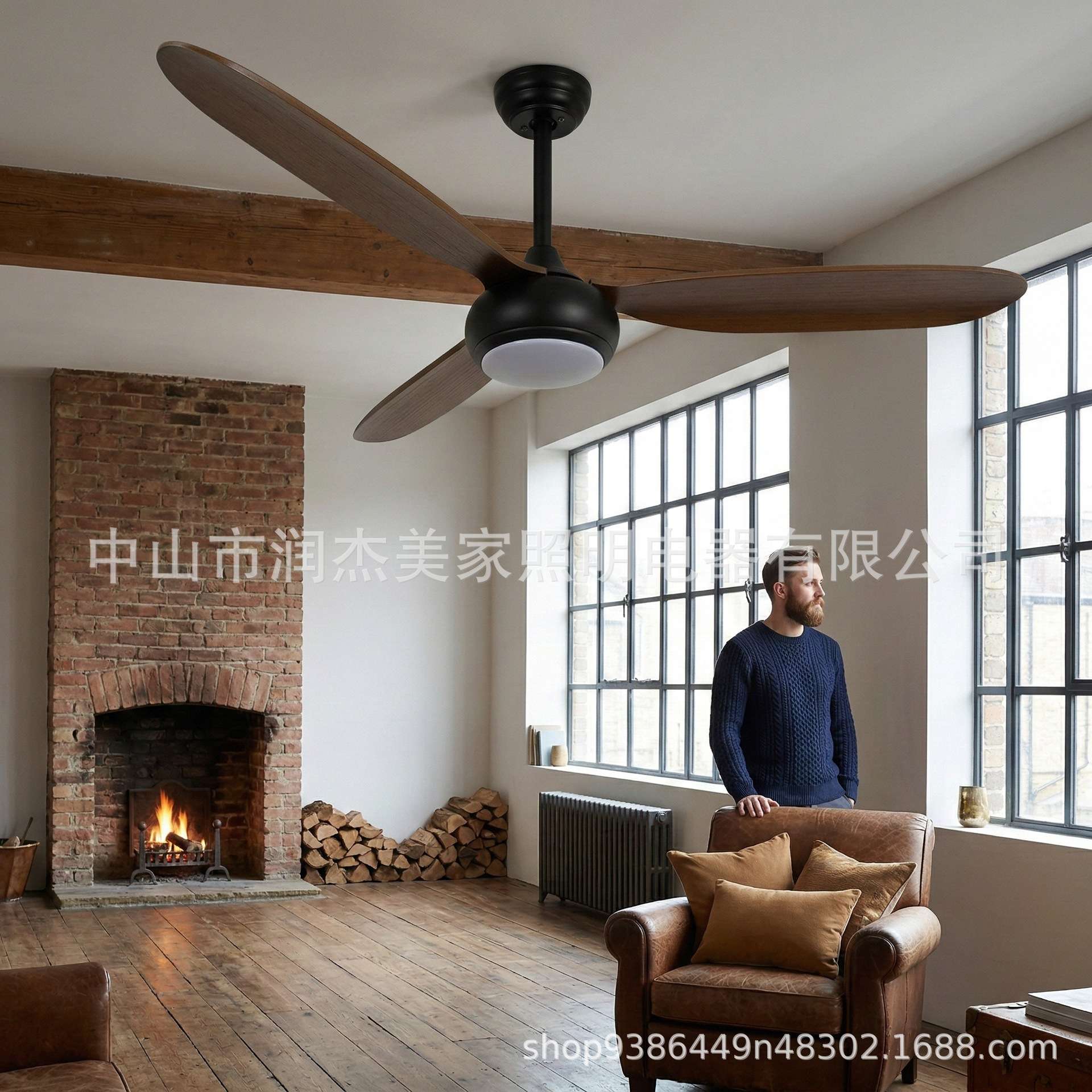 吊顶风扇灯吊扇灯客厅卧室书房餐厅灯胡桃木色灯具吊扇5叶子