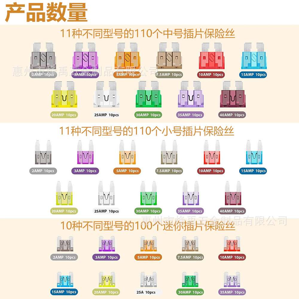 跨境 320PCS锌片2A-40A中号小号迷你汽车保险丝插片汽车保险片