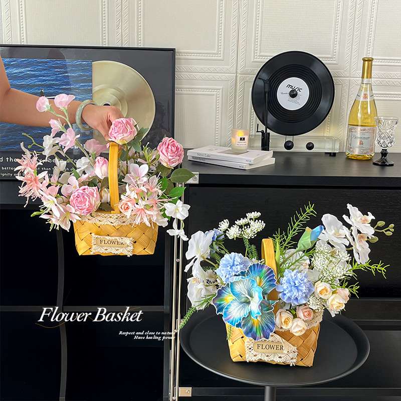 时尚蕾丝皮标编织花篮仿真花摆件客厅餐桌假花装饰野餐拍照道具篮
