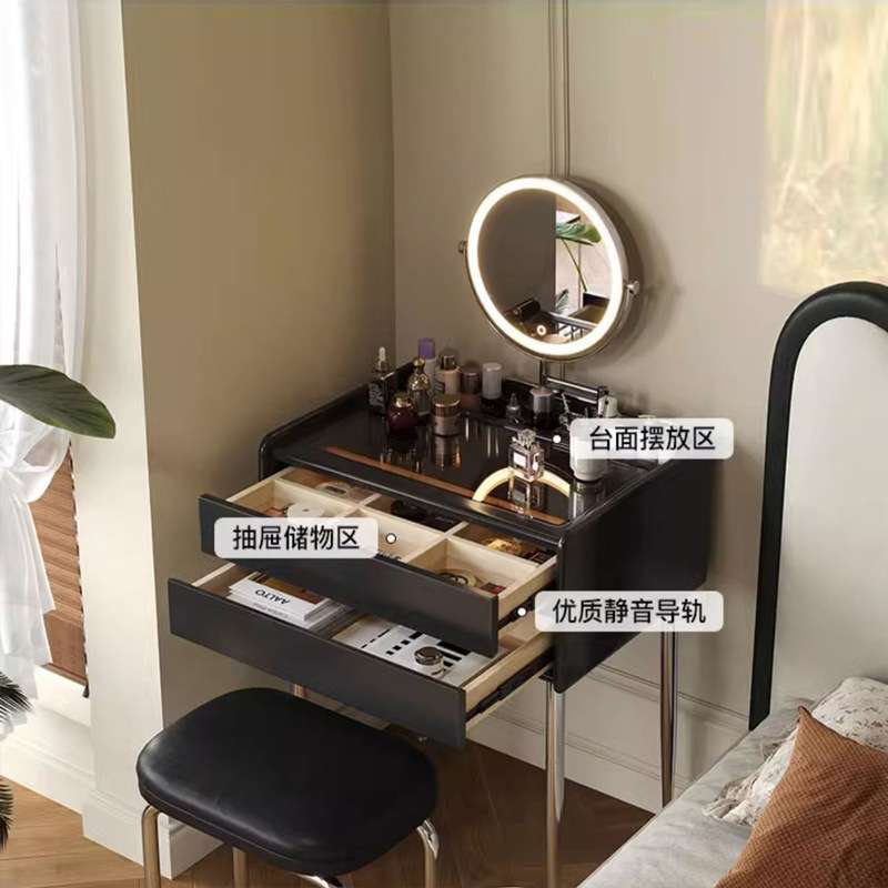 世纪大师迷你梳妆台复古风卧室收纳化妆桌黑色实木梳妆台小户型