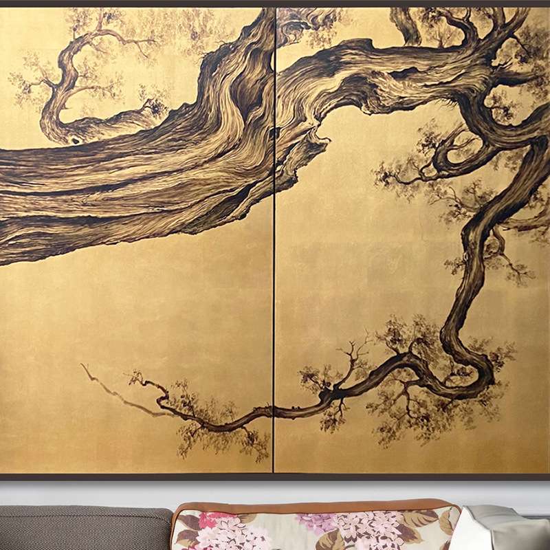 屏风金箔松树客厅移动折叠隔断办公室玄关折屏小户型可移动可折叠