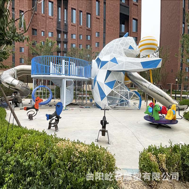 大型户外不锈钢滑梯无动力游乐设备加工白钢金属镜面抽象铁艺雕塑
