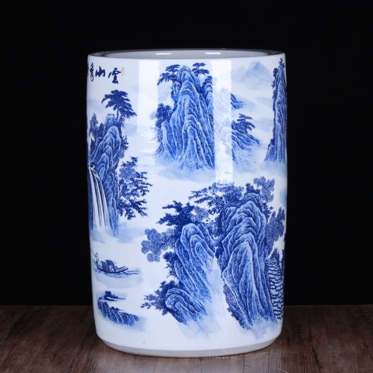 景德镇陶瓷书画筒 釉下彩青花山水陶瓷箭筒 雨伞筒 卷轴画缸