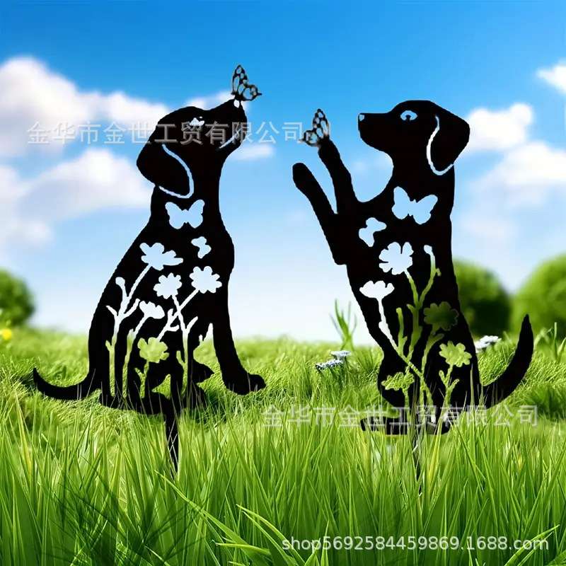 跨境铁艺花园装饰动物地插猫狗兔草坪插牌庭院艺术摆件镂空剪影