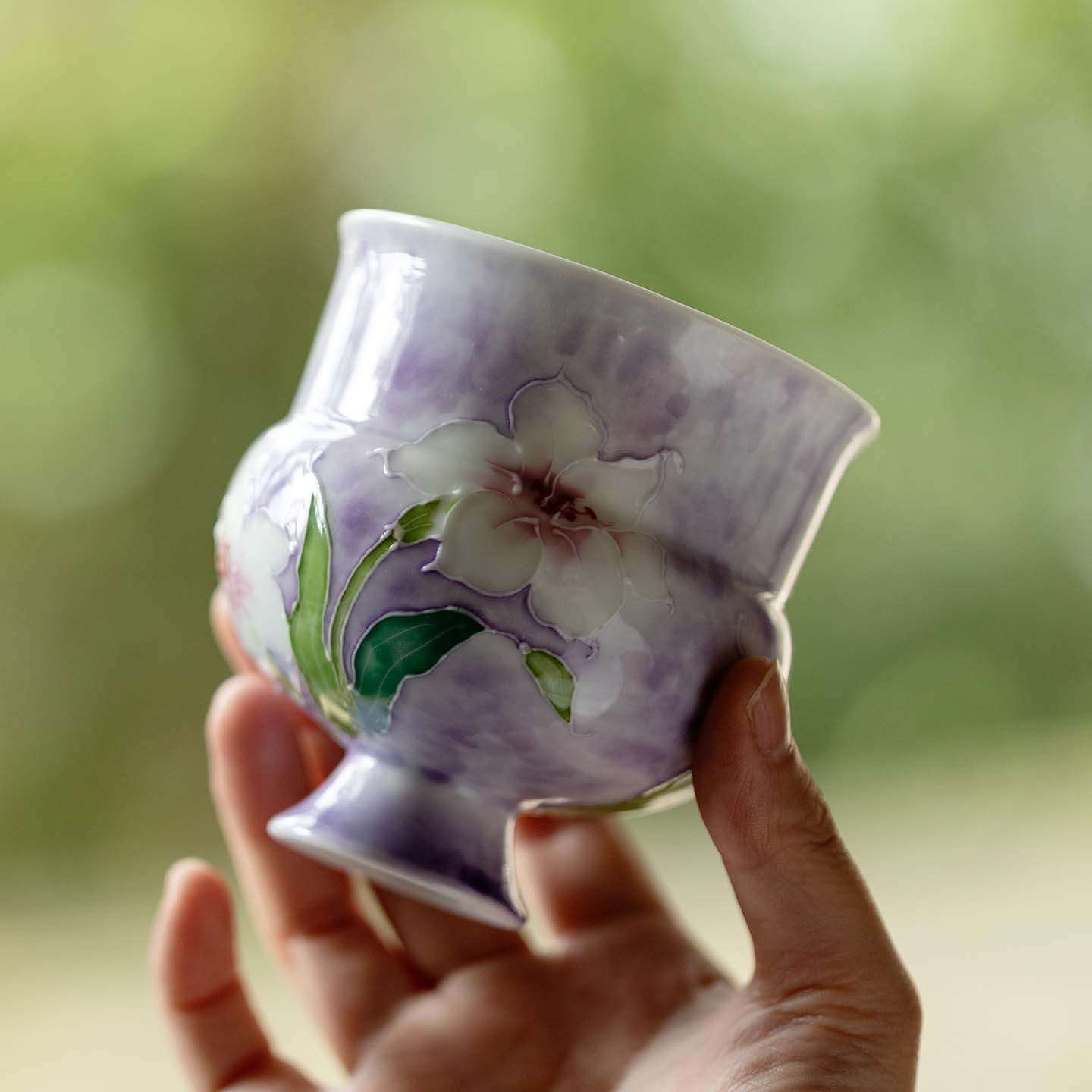 入野归松有田烧手绘百合大茶杯高端粉彩高足单杯暖手杯精致咖啡杯