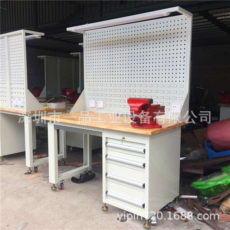 一品重型实木工作台钳工工具台机械维修台带四抽屉工具柜工作台桌