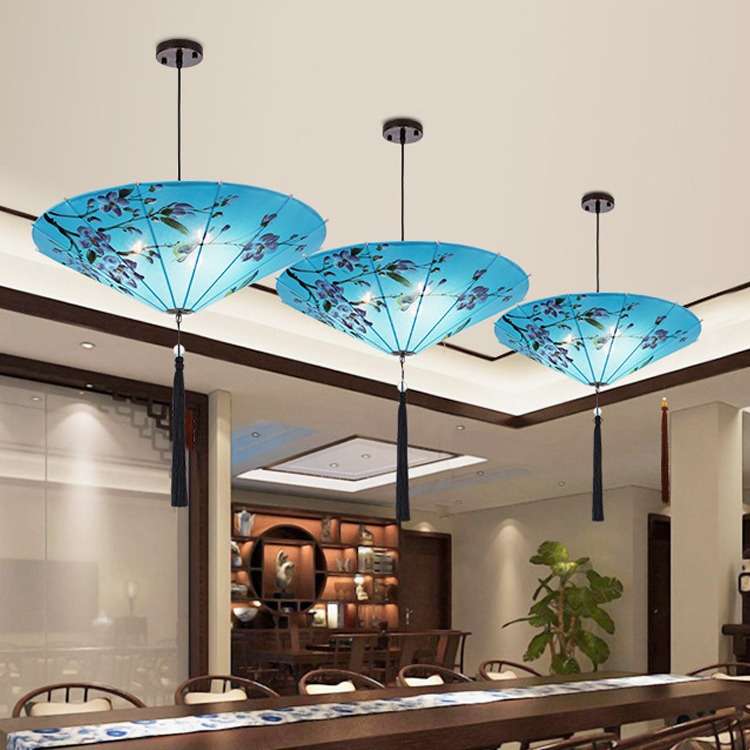 新中式雨伞小吊灯创意古典布艺中国风茶楼火锅店餐厅饭店仿古灯笼