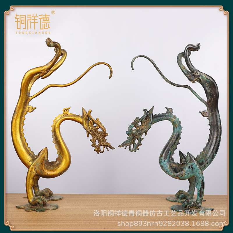 仿古青铜器唐代鎏金铜龙摆件纯铜立龙走龙仿古工艺品客厅装饰品