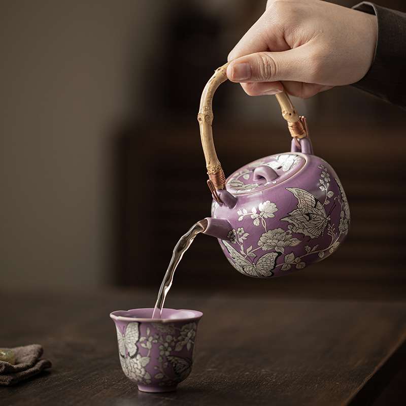 紫汝藤编提梁壶鎏银蝶恋花家用开片可养陶瓷不烫手过滤泡茶壶单壶