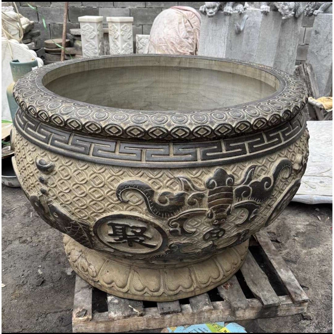 青石做旧石雕缸别墅庭院百福聚宝盆圆形户外流水石缸养鱼摆件
