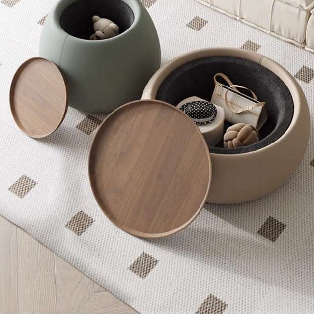 现代圆形茶几套装木制顶部北欧皮革环绕茶几轻奢带储物空间中心桌