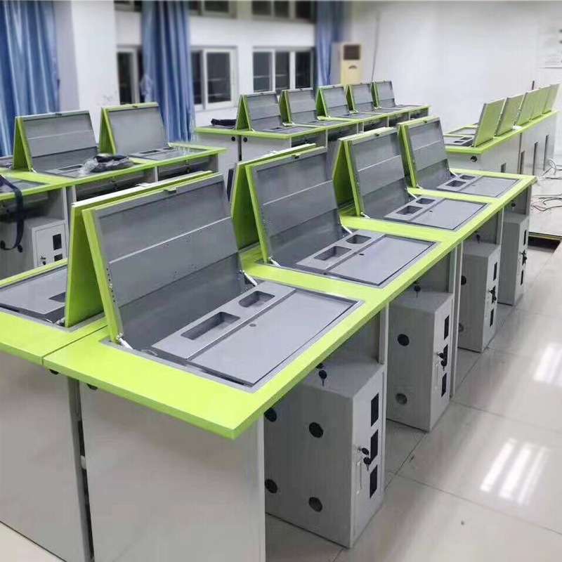 直供办公多媒体翻转电脑桌单双人隐藏式翻盖桌微机室学生两用课桌