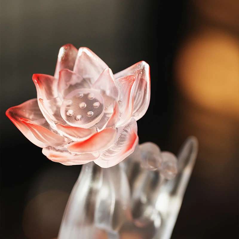 东魅红莲花手古法琉璃渐变红莲紫色云纹底座桌面摆件茶道摆件饰品