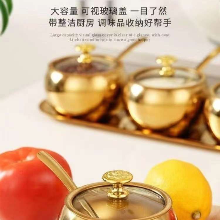 304中式不锈钢调料带盖调味罐组合套装作料味盅厨房盐罐家用圆形